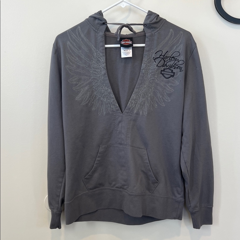 Harley-Davidson Deep V-Neck Gray Hooded Sweatshirt